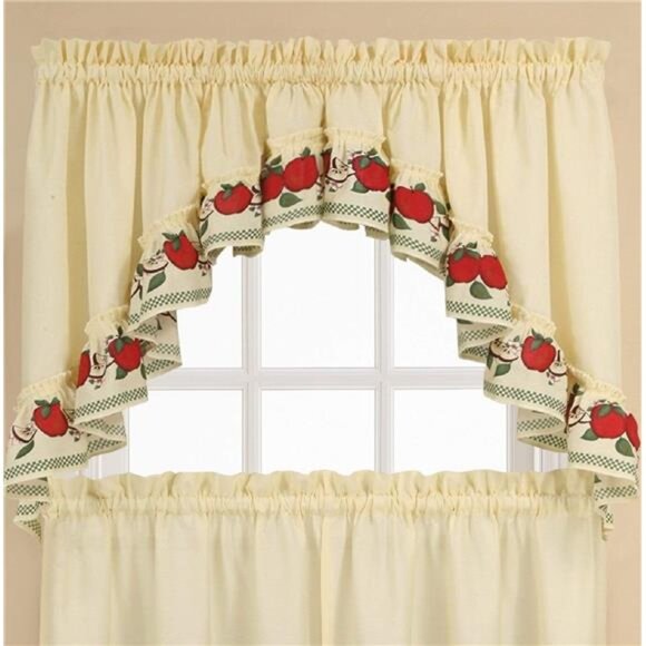 Red Delicious Country Apples 3Piece Window Curtain TierSet,Ivory,56-InchX24-Inch - Picture 2 of 7